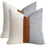 Pillow Cover 2Pcs PU Leather Throw Pillow Covers Farmhouse Decor Stripe Patchwork Modern Decor Square Cushion Covers-Style 1