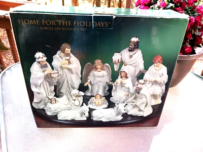 Home for the Holidays 12 Piece Porcelain Nativity Set with Wood Base, Christmas