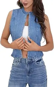 [cffvdiz] Women's Sleeveless Zip Up Denim Vest Crew Neck Patchwork Slim Fit Short Jean Vest Top