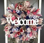 Welcom Patriotic 4th of July Country Stars & Stripes Deco Mesh Front Door Wreath