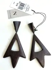 New Natori Acacia Wood Oversized Statement Light Weight Earrings Clip on Brown