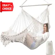 Large Hanging Hammock Chair Cotton Rope Metal Bar Indoor Outdoor Swing