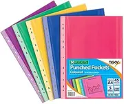 Tiger A4 50 Coloured Plastic Wallets Clear Strong Punched Ring Binder File Pockets,Blue/Green/Multicolour/Pink/Purple/Yellow,Medium