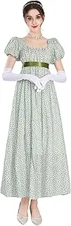 FCCAM Damen Regency Kleid Jane Austen Lange Vintage Kleider Viktorianische Ballkleid mit Handschuhen Empire Taille Kleid