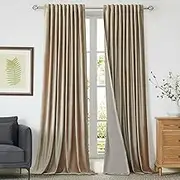 100% Full Blackout Champagne Beige Velvet Fabric Curtains 120 inch Long for Living Room,Set of 2 Liner Rod Pocket Back Tab Thermal Window Curtains Room Darkening Decorative Curtains Drapes for Bedroom