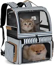 Lekebobor Cat Backpack Carrier for 2 Cats, Double-Compartment Pet Carrier Backpack for Two Small Cats or One Medium Dogs, Cats Carrier Backpack Dog Carrier Backpack Fits Up to 24 Lbs,Blue Striped