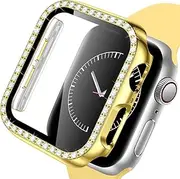 Glass+Case Compatible for Apple Watch 45mm 41mm 44mm 40mm 42mm 38mm Bling Diamond Setting Bumper with Built-in Tempered Screen Protector Protective Cover for iWatch Series 7 6 SE 5 4 3 2 1