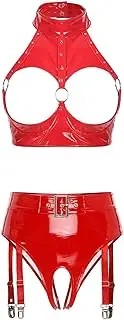 [GRRKDFQ] Women's Erotic Costumes Open Cup Rivet Crop Top with Crotchless Garter Underwear