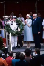 First time race winner Patrick Depailler Tyrrell accepts his - 1978 Old Photo