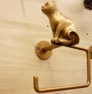 Brass Tissue Paper Holder CAT Figurine Wall Mounted Toilet Hanging Vintage Decor
