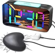 Extra Loud Alarm Clock for Heavy Sleeper Hearing Impaired Deaf, Vibrating Alarm Clock with Bed Shaker for Adults Seniors Teens, Digital Clock with Large Display& 4 Dimmer, 7-Color Night Light,12/24H