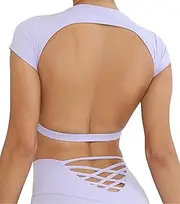 [Ausing] Women's Crop Tops Short Sleeve Crew Neck T Shirts Backless Workout Crop Top Seamless Gym Shirts Slim Fit Basic Tops Going Out Crop Tops Running Yoga Tee Shirts with Built in Bra S-L