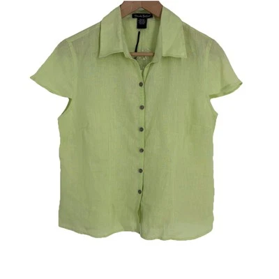 Alexandra Bartlett Womens Linen Button Up Top Medium Green Cottagecore Coastal
