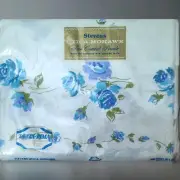 60s? Flat Sheet NOS Stevens Blue Floral White Double Fabric Utica Mohawk Vtg