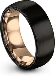 [Midnight Rose Collection] Tungsten Wedding Band Ring 8mm for Men Women Black & 18K Rose Gold Plated Domed Brushed Polished