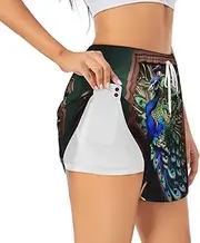 [WURTON] Beautiful Peacock Picture Print Exercise Gym Workout Shorts Women's Athletic Shorts Dual-Layered Yoga Running Shorts