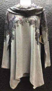 ONE WORLD Women's Size Medium Gray & Blue Pullover Shark Bite Cowl Neck Top NWT
