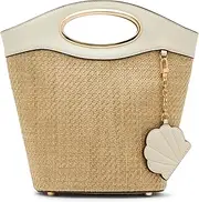 Anne Klein Oval Handle Straw Bucket with Shell Mirror, Parchment