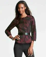 Ann Taylor Woman's Size 14 Wine Black Moody Floral Zip Front Peplum Jacket $179