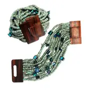 Turquoise Blue Beaded Bracelet Glass Mother of Pearl Beads Elastic Wooden Clasp