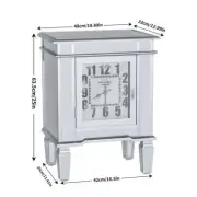 Silver Mirrored Glass Bedside Table with Quartz Clock and Storage