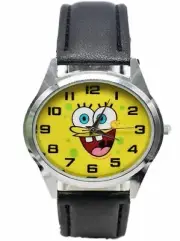 Spongebob Round Face Black Leather Wrist Watch