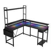 Gaming Desk L Shaped Computer Racer Standing Corner Table Drawer Shelves with LED Lights Storage Bag Carbon Fibre