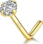 [AIBELOPY] 1 Piece 925 Sterling Silver L Shaped Nose Rings for Women Cute Dainty Cubic Zirconia Diamond Nose Piercings Stud Hypoallergenic 14K Gold Plated Small Nose Studs Body Jewelry Birthday Graduation Gifts