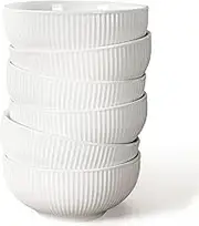 Artena Cereal Bowls 26 OZ, Ceramic Soup Bowls For Kitchen, Embossment Bowls For Rice Pasta Salad, White Bowls For Breakfast Lunch Dinner, 6 Inch, Set Of 6, Dishwasher & Microwave Safe, Stripe