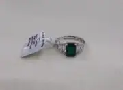 Womens Adjustable Silver Ring Signed 925 W Natural Green Agate Stone & Baguettes