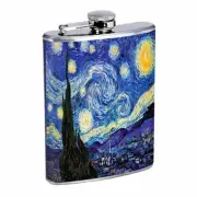 Vincent Van Gogh Starry Night Flask D141 8oz Stainless Sun Stars Hilltop Village