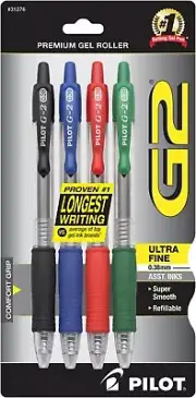 4 pack Pilot G-2 G2 Retractable Gel ROLLER Pens Fine Point .38mm assorted colors