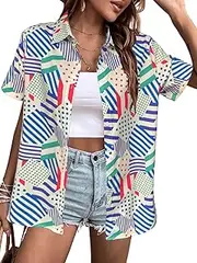 [OJLPHH] 80s 90s Outfits Women Hawaiian Retro Birthday Party Button Down Shirts Disco Neon Short Sleeve Blouse Tops