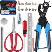 Glarks Adjustable Leather Hole Punch Pliers with Single Cap Leather Rivets Set Free Scissor & Ruler & Awl Tool for Belt, Watch Bands, Saddle, Shoes