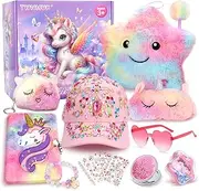 Unicorn Toys for Girls - Girls Toys 4 5 6 7 8-12 Years Old with Light Up Stars Pillow/Purse/Diary with Lock/Adjustable Hat & Gem Stickers/Unicorn Gifts Birthday Christmas Easter
