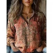 Women's Shirt Floral Retro Vintage Ethnic Long Sleeve Shirt Collar Regular Tops Daily Holiday Pocket Buttons Print Wine Army Green Red Royal Blue Blue Summer