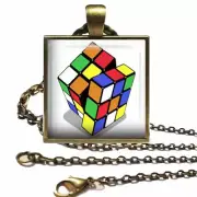 Rubik Cube Glass Top Bronze Pendant Necklace & Chain Handcrafted Retro Game Toy