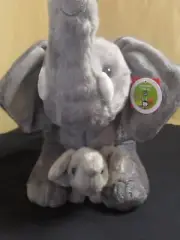 NWT Aurora Gray Elephant & Baby Stuffed Animal Plush Adorable Toys 15"