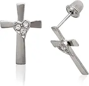 [JewelryWeb] 925 Sterling Silver Rhodium Plated CZ Medium Religious Faith Cross With Love Heart Screw Back Earrings 14x9mm Stud Earring for Women