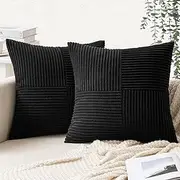 2 Pack Beige Boho Decorative Corduroy Throw Pillow Covers 18x18 Inch Soft Pillow Covers Solid Pillowcases Cross Patchwork Textured Cushion Covers for Living Room Decor Couch Bed Sofa-Black