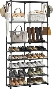 [UNITSTAGE] 8 Tiers Black Tall Shoe Rack Organizer Metal Shoe Rack Shelf for Entryway Garage 32-36 Pairs Stackable shoe rack for Closet Shoe Storage with Side Hooks