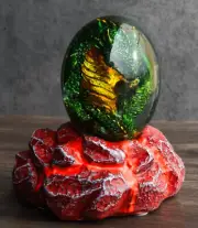 Green Dragon In Acrylic Glass Egg With Aqua Crystals And LED Lava Rock Bases