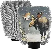 XYMZR Christmas Moose Winter Absorbent Microfiber Car Wash Mitt, Funny Cute Anime Scratch Free for Cars Cleaning, Home Cleaning Mitts, 2 Pack, 10.24” L x 7.09” W