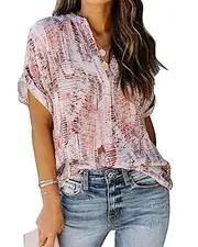 [Ancapelion] Women’s Summer Chiffon Blouse Casual Short Sleeve V Neck Shirt Loose Printed Cuffed Sleeve Tunic Tops for Women