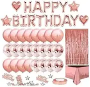 Rose Gold Birthday Party Decorations Set, Happy Birthday Balloon Banner, 24 Latex and Confetti Balloons, Foil Curtain, Tablecloth