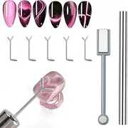 WOKOTO 2 PCS Cat Eye Magnets For Nails Set With 5 Pcs Iron Y-Shape Heart Cat Eye Designs Nail Magnet Tools, Big Double-Side Silver Cylinder Nail Magnets For Nail Art, Heart Magnet Tools For Nails
