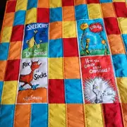 Handmade Grinch quilt which measures approximately 41 X 36, 10 by 7 inch panels.