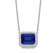 14k White Gold Octagon Created Sapphire and Real Diamond 18in. Necklace