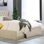 Istyle Dupont King Single Trundle Storage Bed Frame Fabric White Oak Beige