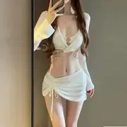 Set: Plain Bikini + Long-Sleeve V-Neck Criss Cross Top + Drawstring Cover Up Skirt Set of 4 - Top & Cover Up Skirt & Bikini Top & Bottom - Light Yellow - L